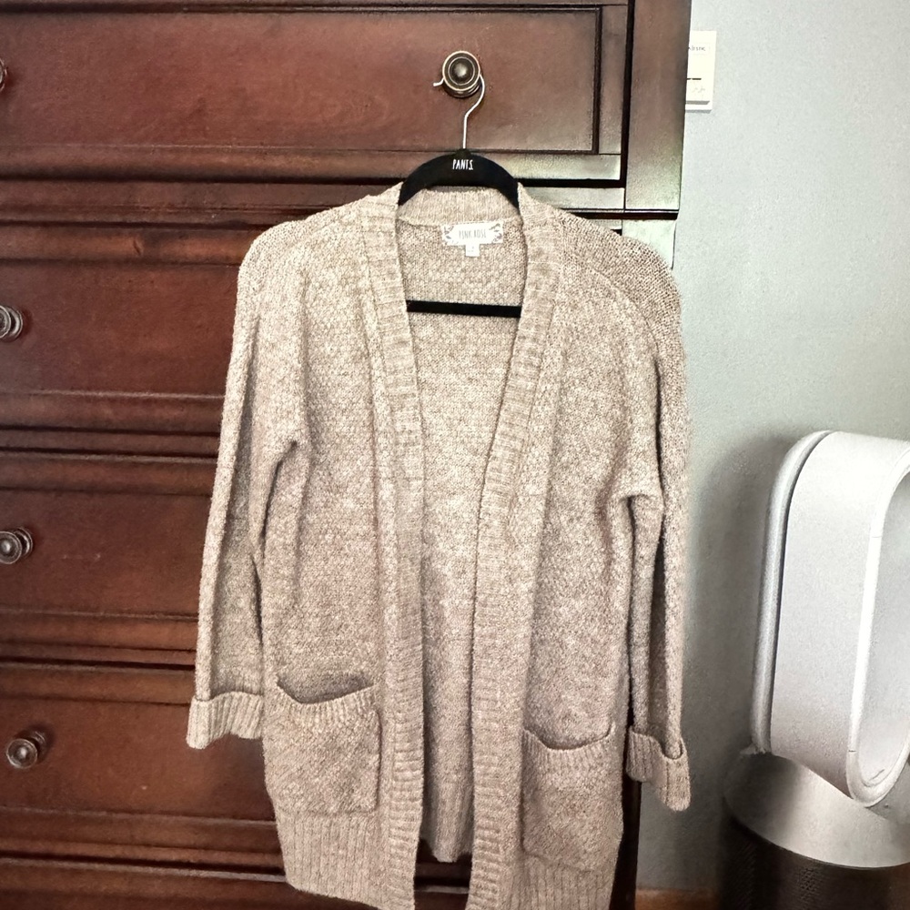 Pink Rose Cream Cardigan Sweater Long Open Front